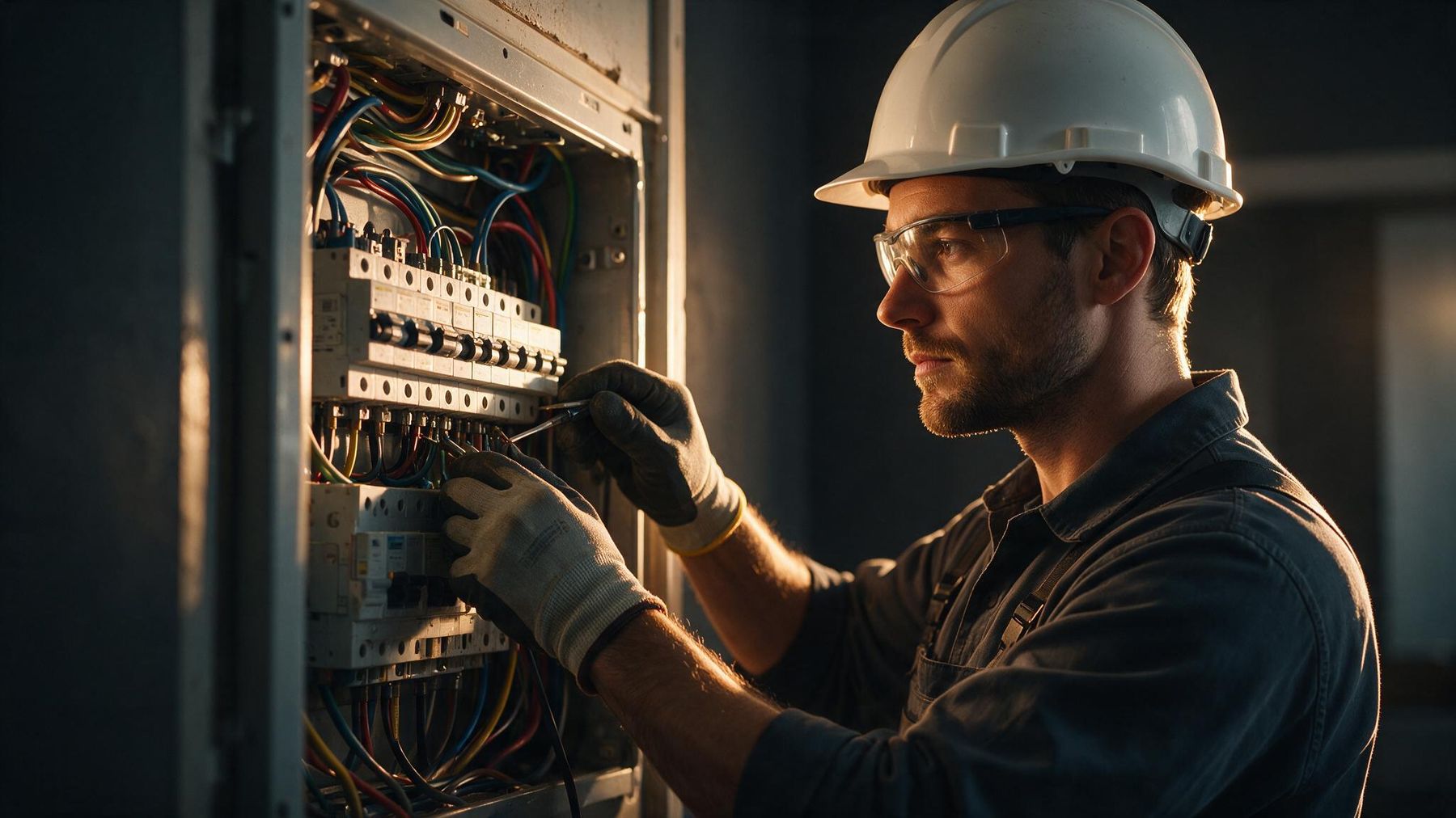 Agustín Lamarlere, electricista matriculado trabajando en un tablero eléctrico en Villa Carlos Paz