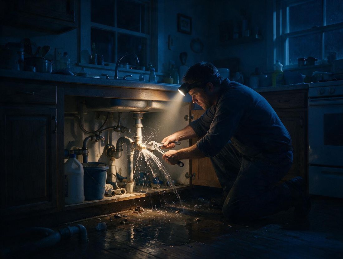 Plomero atendiendo una urgencia por pérdida de agua durante la noche